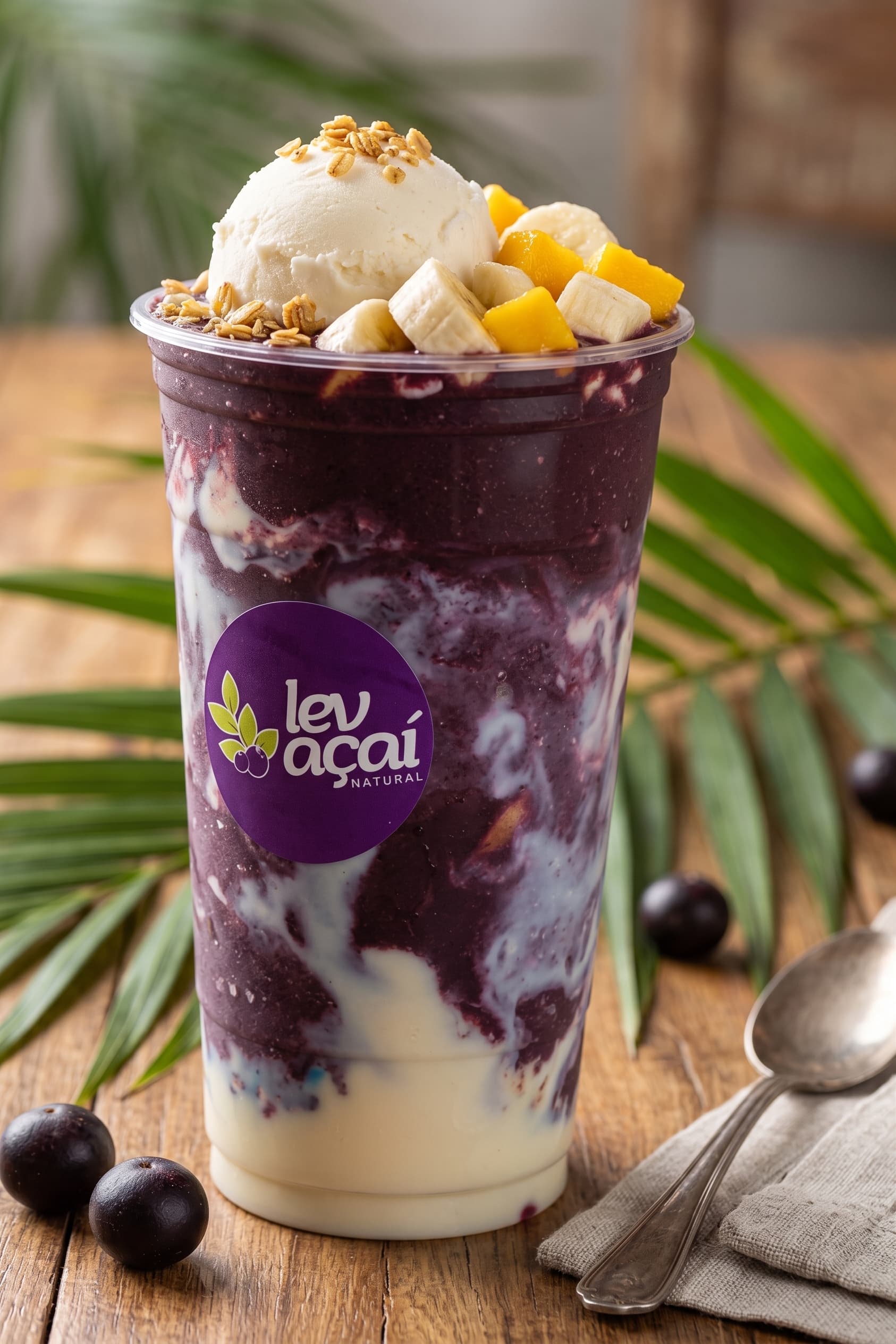 A LEV açaí cup swirled with cream, topped with ice cream, banana and granola